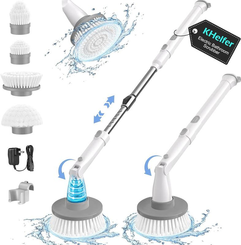 Khelfer Electric Spin Scrubber Kh8, 2023 New Cordless Shower Scrubber, 4 Replacement Head, 1.5H Bathroom Scrubber Dual Speed, Shower Cleaning Brush with Extension Arm for Bathtub Grout Tile Floor