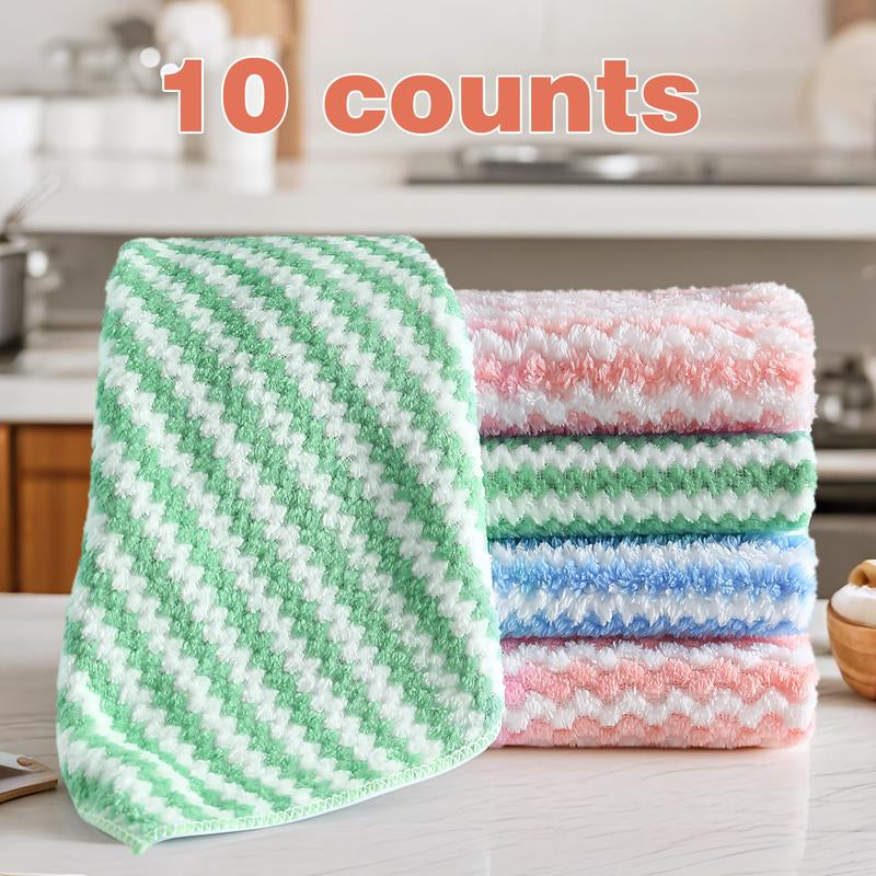 10 Counts Microfiber Cleaning Cloth, Kitchen Towels Absorbent Streak Free Cleaning Towels for Dish Drying Washing, 9.84" X 9.84" Striped Washable and Reusable Towels