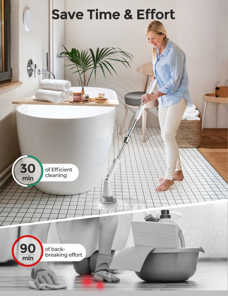 Khelfer Electric Spin Scrubber Kh8, 2023 New Cordless Shower Scrubber, 4 Replacement Head, 1.5H Bathroom Scrubber Dual Speed, Shower Cleaning Brush with Extension Arm for Bathtub Grout Tile Floor