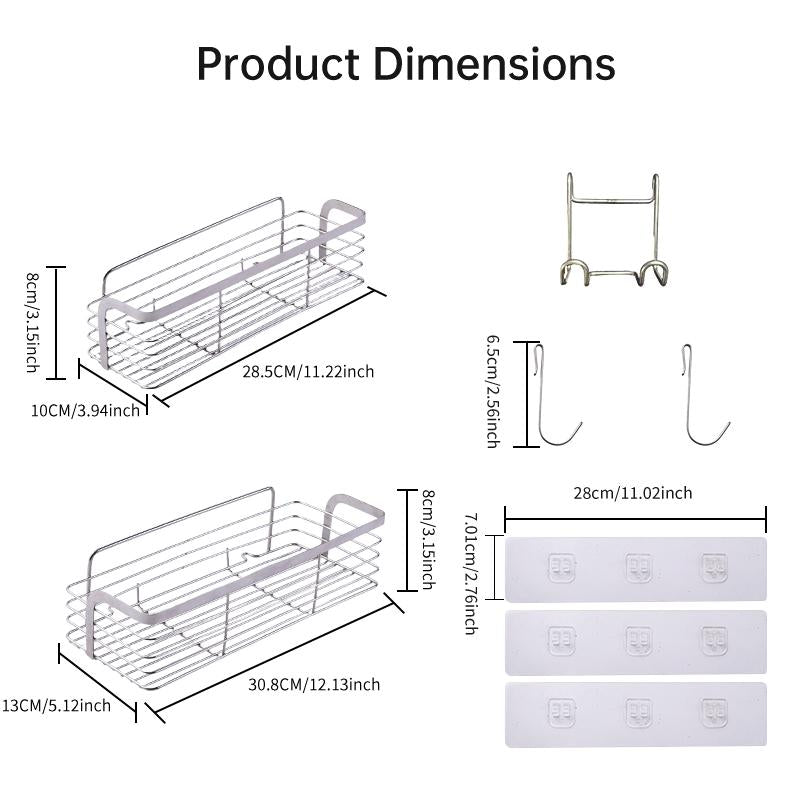 Two Sets of Kitchen Bathroom Shelving, Stainless Steel, Wall-Mounted Shelving for All Smooth Surfaces