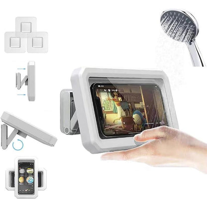 Upgraded Wall Mount Shower Phone Holder with 3 Count Adhesive Stickers | Adjustable and Removable Cell Phone Stand for Bathroom Bedroom Kitchen | Compatible with All Phone and Tablet (Black)