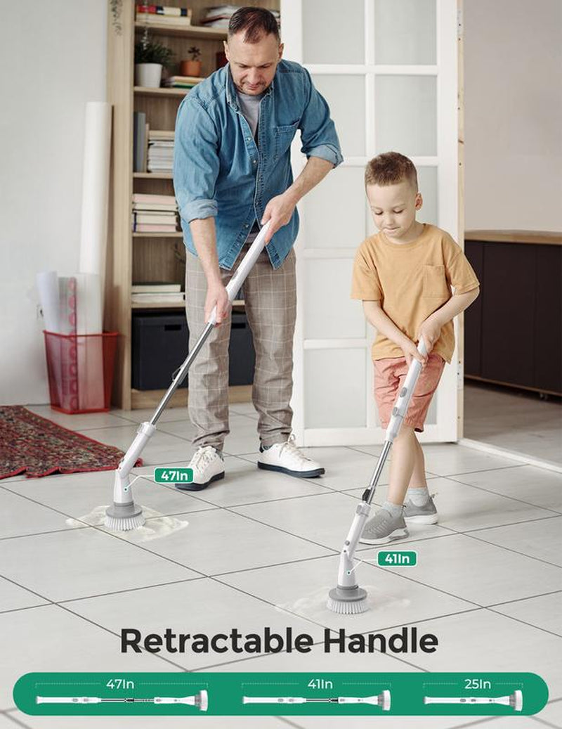 Khelfer Electric Spin Scrubber Kh8, 2023 New Cordless Shower Scrubber, 4 Replacement Head, 1.5H Bathroom Scrubber Dual Speed, Shower Cleaning Brush with Extension Arm for Bathtub Grout Tile Floor