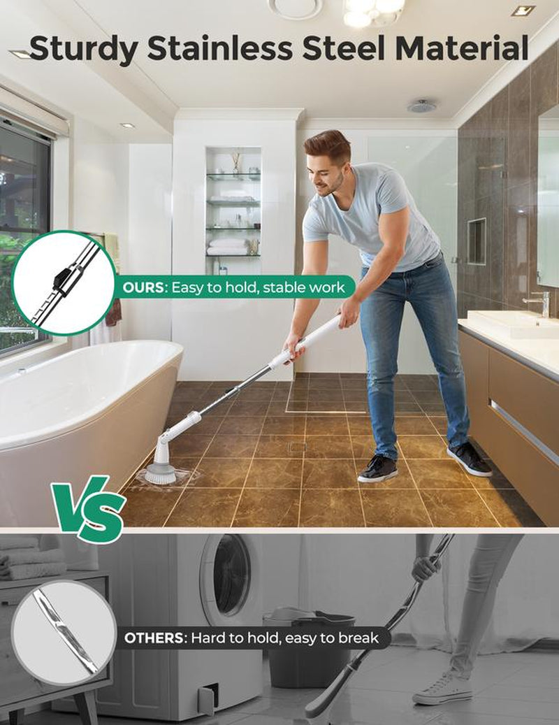 Khelfer Electric Spin Scrubber Kh8, 2023 New Cordless Shower Scrubber, 4 Replacement Head, 1.5H Bathroom Scrubber Dual Speed, Shower Cleaning Brush with Extension Arm for Bathtub Grout Tile Floor