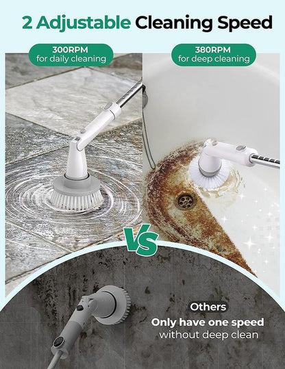 Khelfer Electric Spin Scrubber Kh8, 2023 New Cordless Shower Scrubber, 4 Replacement Head, 1.5H Bathroom Scrubber Dual Speed, Shower Cleaning Brush with Extension Arm for Bathtub Grout Tile Floor